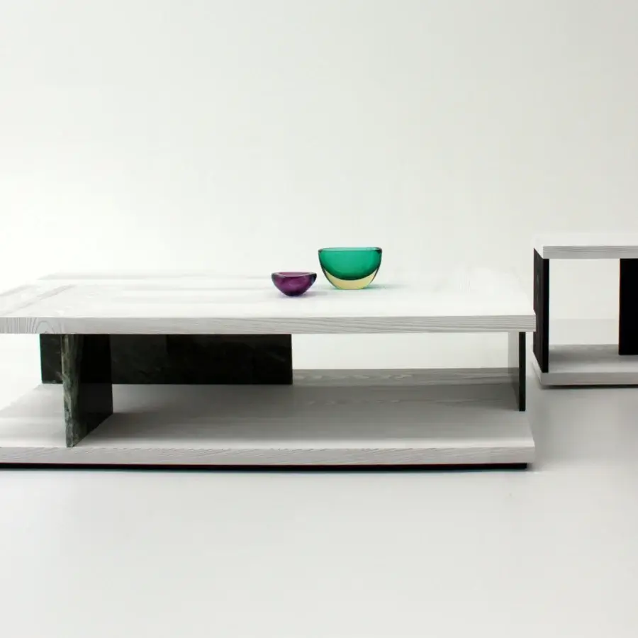 Elegant Casa Casati Barcelona coffee table and Barceloneta side table crafted in light wood with darker vertical supports
