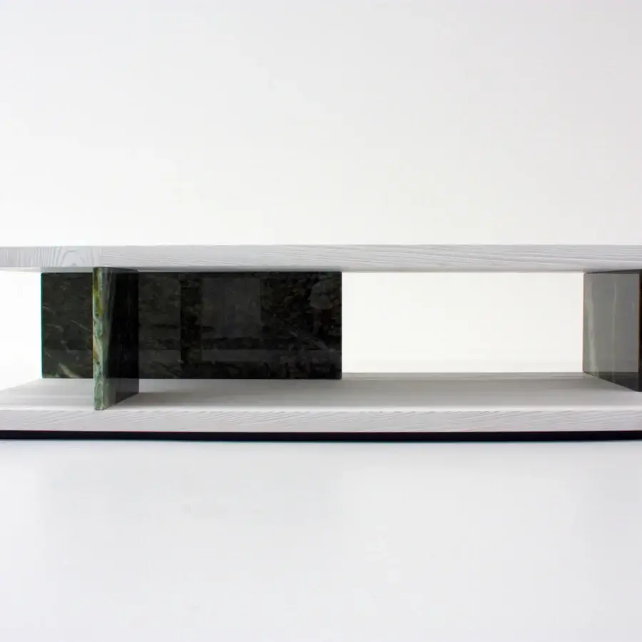 Architectural Casa Casati Barcelona & Barceloneta coffee table with light gray wood-grain and dark green, black patterned marble supports crafted in Italy