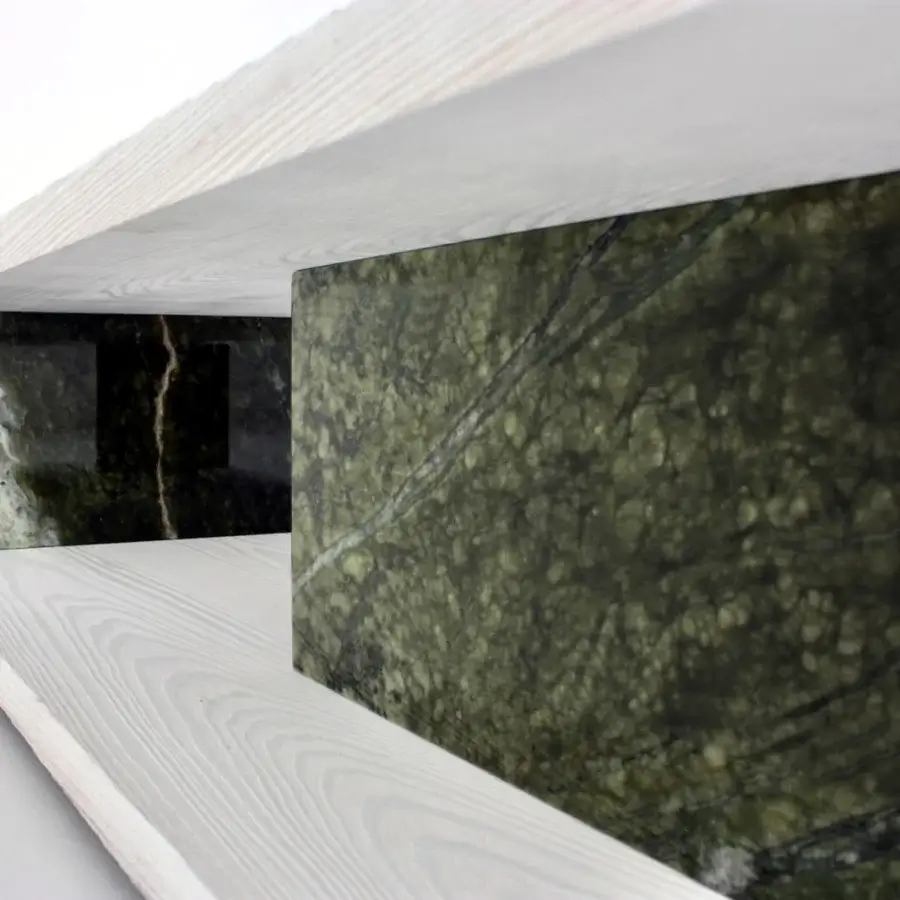 Distinguished Casa Casati Barcelona coffee table with green marble vertical elements and light-colored wood construction