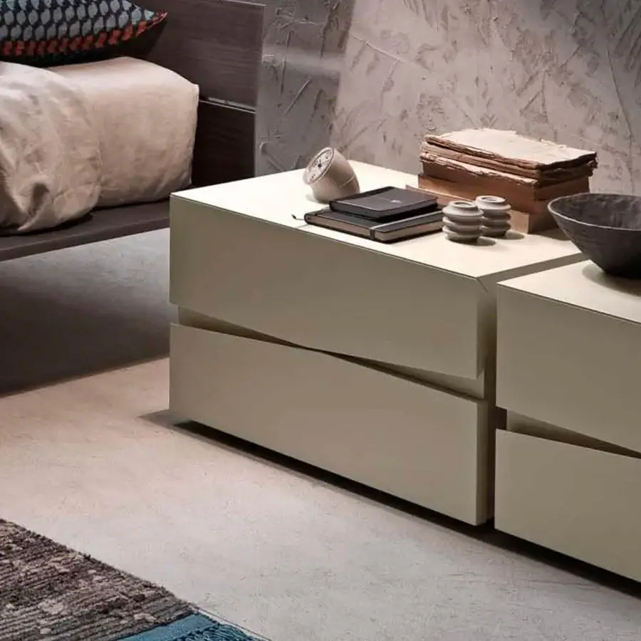 Superior Presotto Jazz nightstand crafted in light beige matte lacquer with subtle diagonal MDF fronts and recessed handles