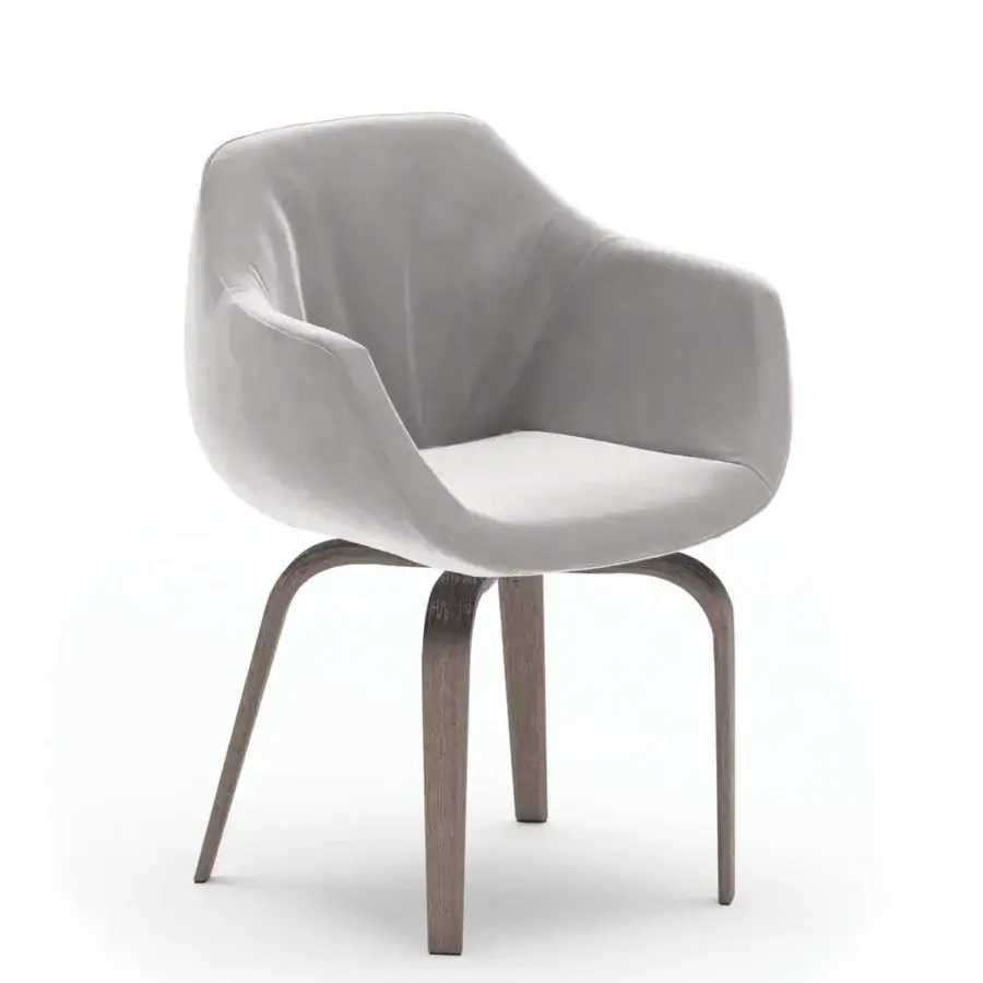 Distinguished Ozzio Italia Eliot armchair crafted in light gray textile with medium brown matte wooden legs and curvilinear armrests