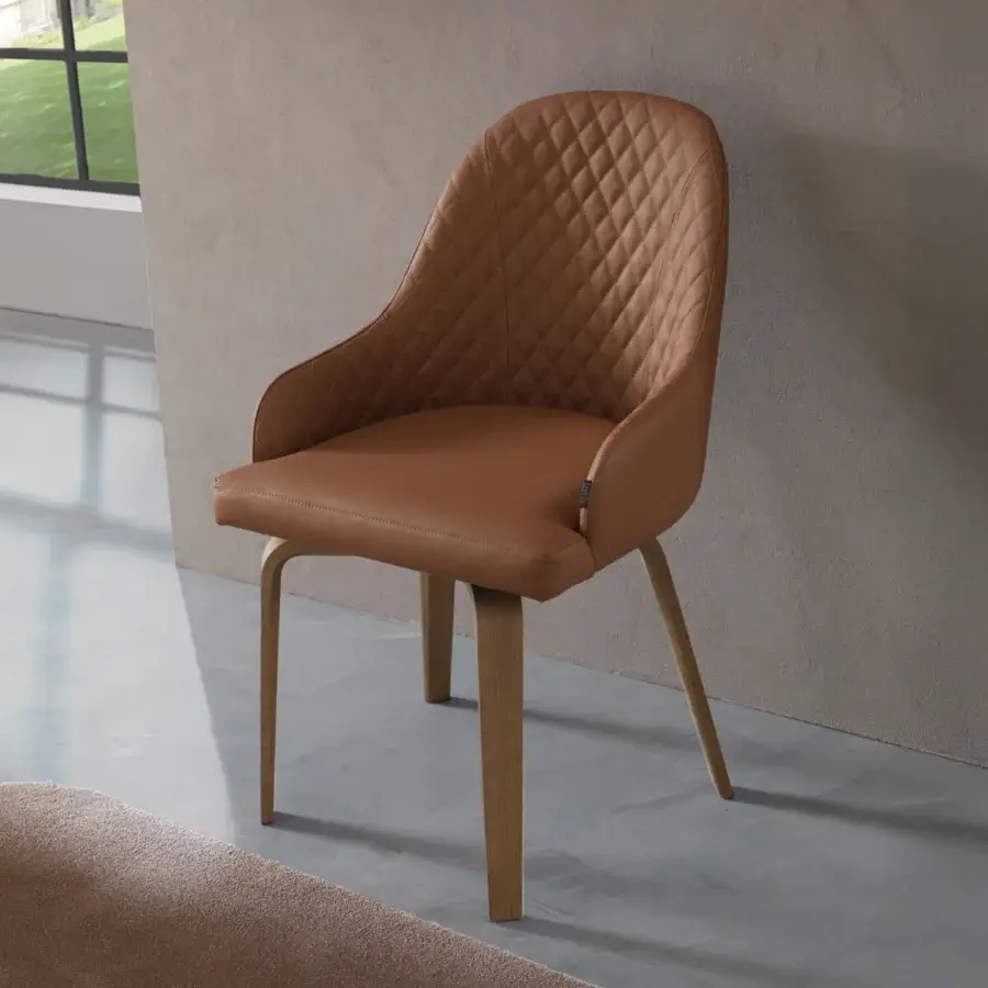 Superior Ozzio Italia Atena Demetra armchair with brown upholstery and light wood base showcasing quilted diamond detailing