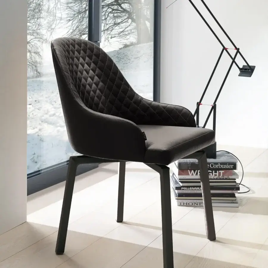 Elegant Ozzio Italia Atena Demetra armchair with dark brown synthetic leather and matte black metal base