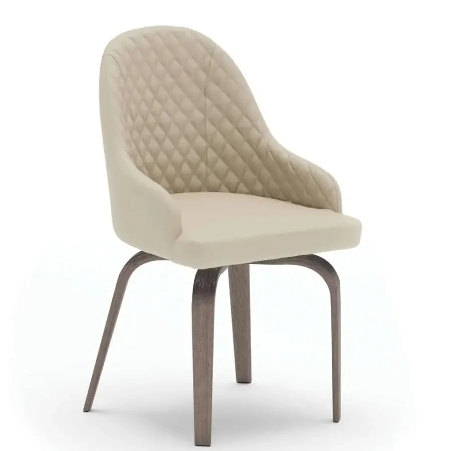 Superior Ozzio Italia Atena Demetra armchair in light beige textile with smooth finish and quilted backrest crafted with a slender wooden base