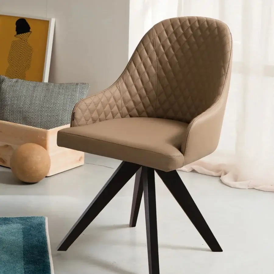 Exceptional Ozzio Italia Olimpia - Gilda armchair with quilted light tan textile and matte finished wooden legs