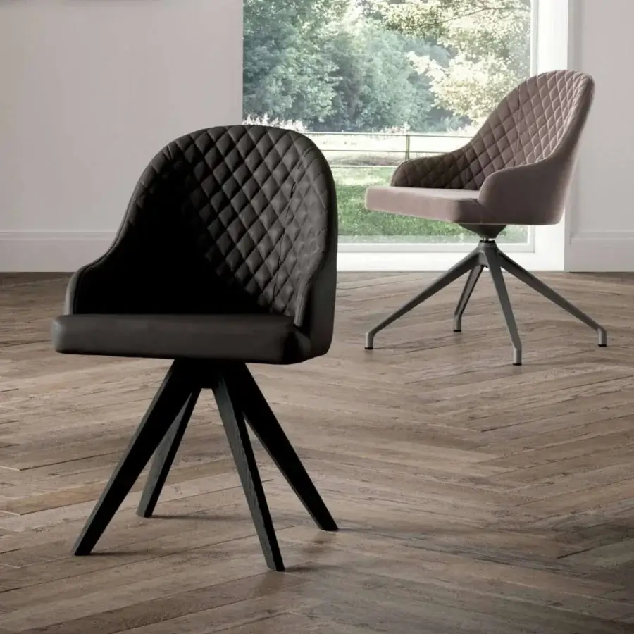Exceptional Ozzio Italia Olimpia - Gilda armchair upholstered in dark brown quilted textile with a three-legged wooden base