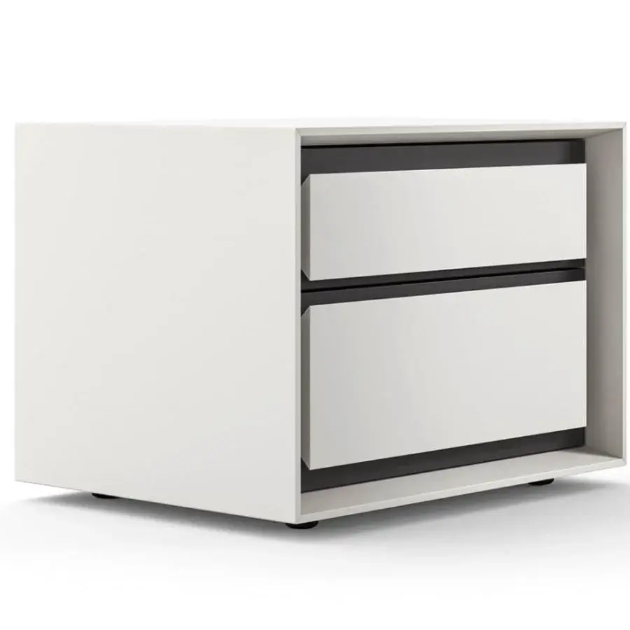 Elegant Presotto Memories nightstand in bright white with dark gray grip grooves and smooth matte lacquered finish