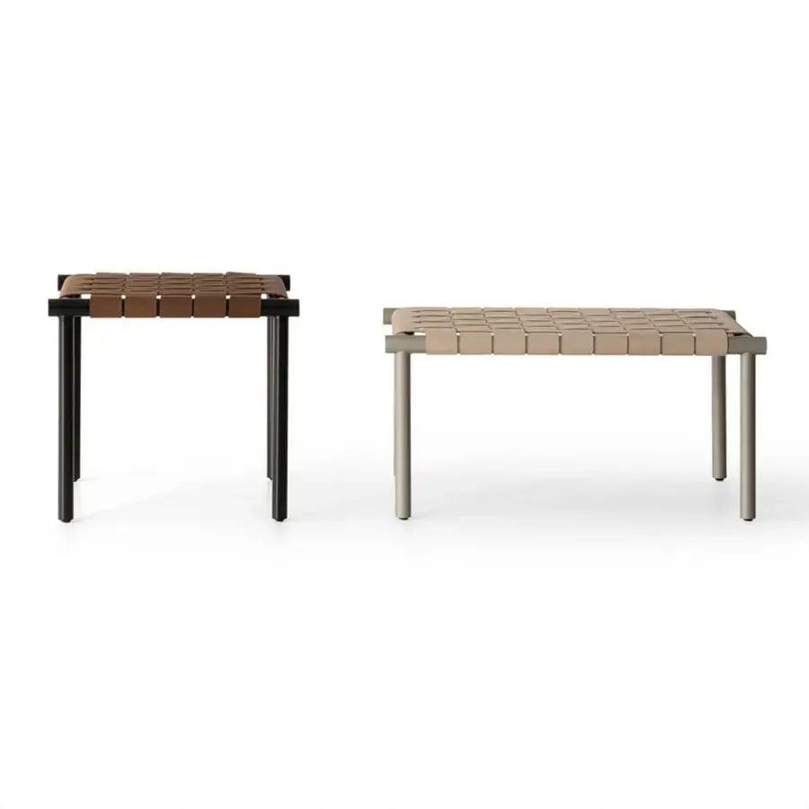 Exceptional Cierre1972 Jared bench with dark metal frame and handwoven brown leather seat presents rational luxury