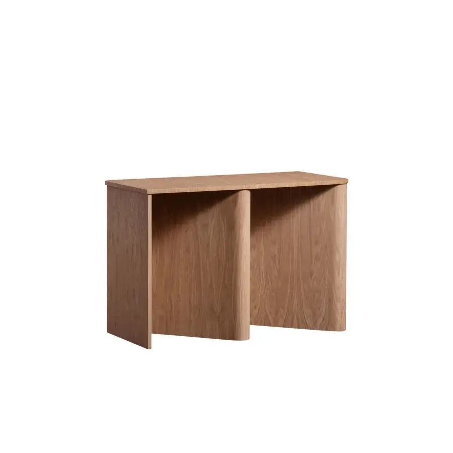 Distinguished Miniforms Nami console desk in light natural wood exhibits a smooth matte finish with a sinuous bent wood base