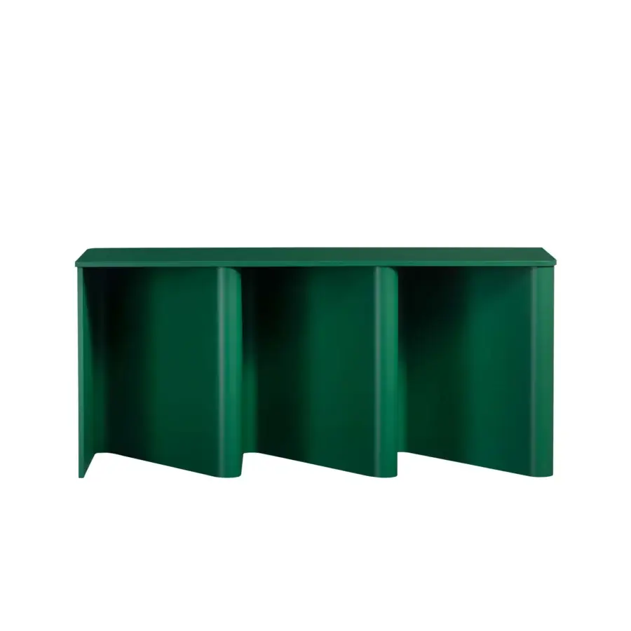 Elegant Miniforms Nami console desk with a sinuous bent wood base and matte dark green lacquer finish