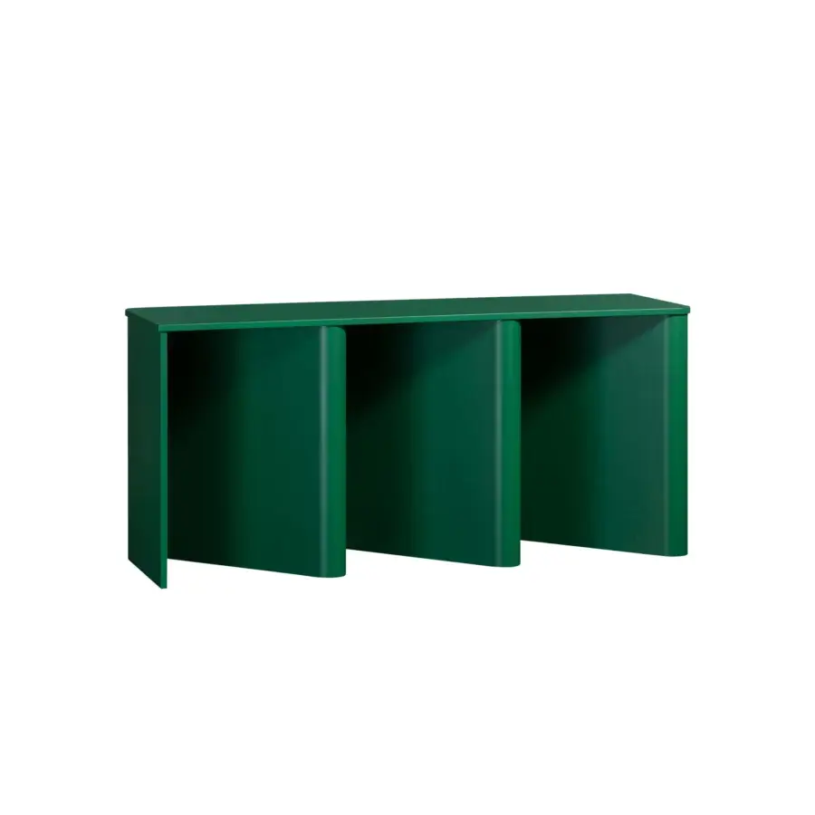 Superior Miniforms Nami console desk with a sinuous bent wood base and matte dark green lacquer finish