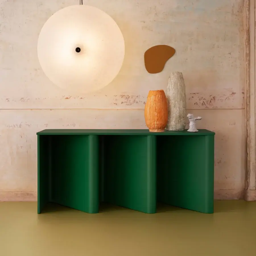 Captivating Miniforms Nami console desk with a curved silhouette and green lacquered bent wood base supporting a matching tabletop