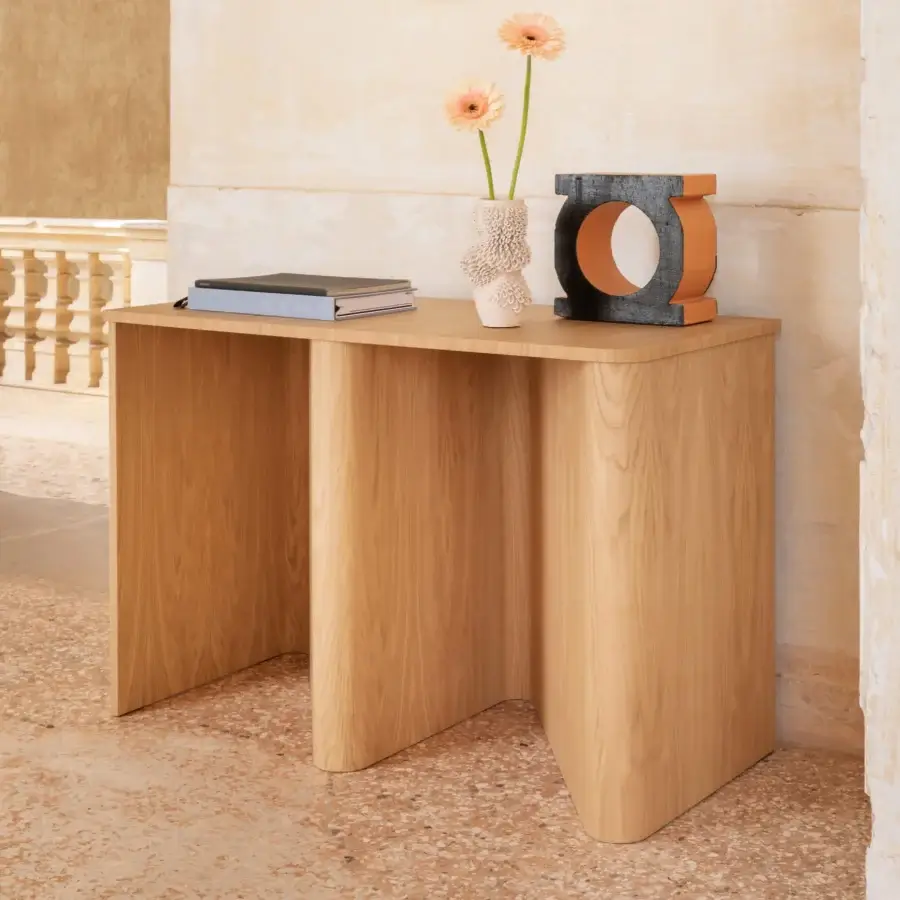 Distinguished Miniforms Nami console desk with a sinuous bentwood base and natural light brown wood finish showcasing grain