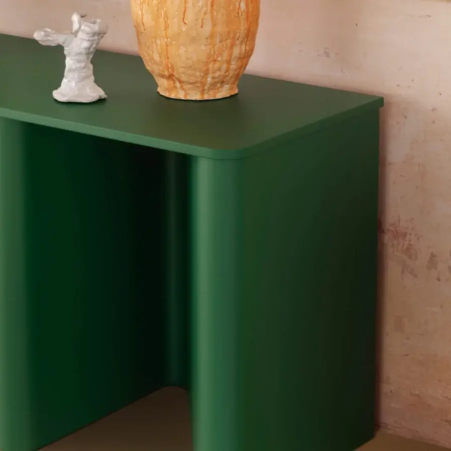 Exceptional Miniforms Nami console desk with a sinuous bentwood base and smooth green lacquered finish