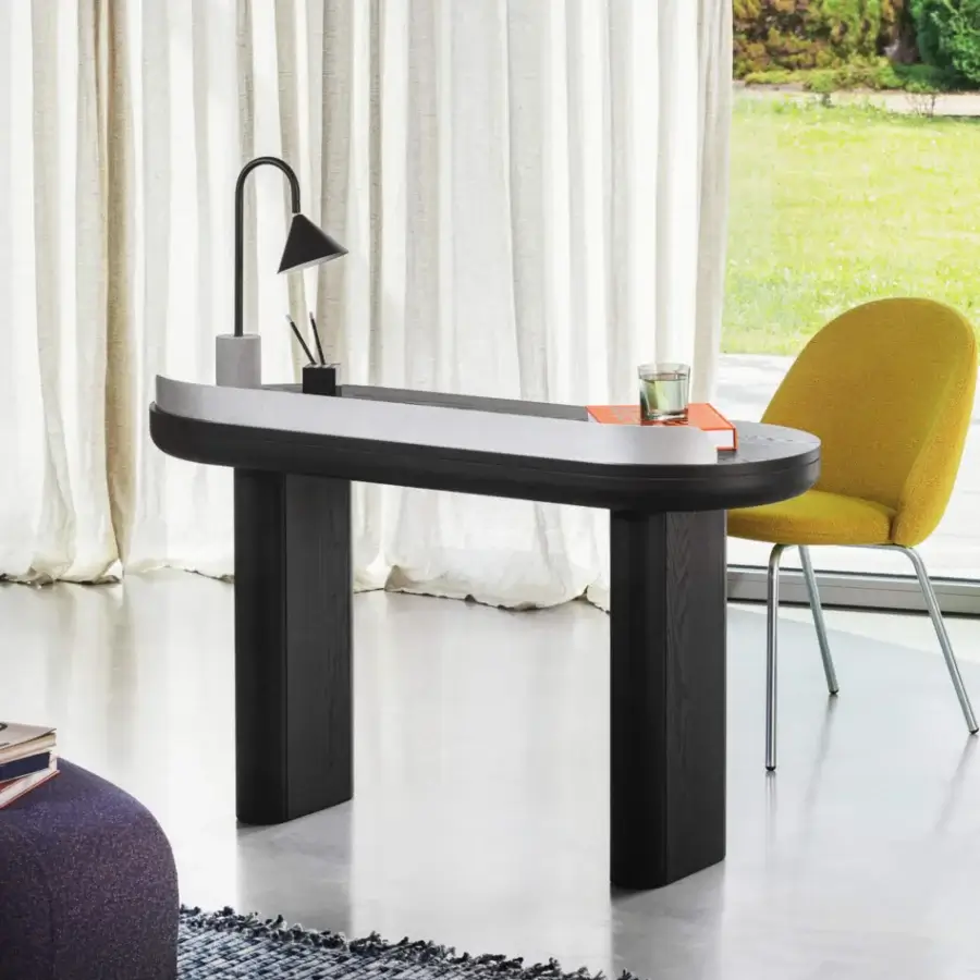 Distinguished Miniforms Jumbo desk crafted with dark wood and light gray, embracing metal with a smooth finish