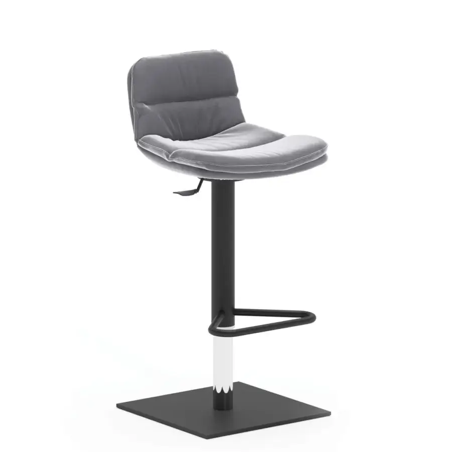 Distinctive Ozzio Italia Marlon stool with padded gray textile, dark metal base and textured silver accenting