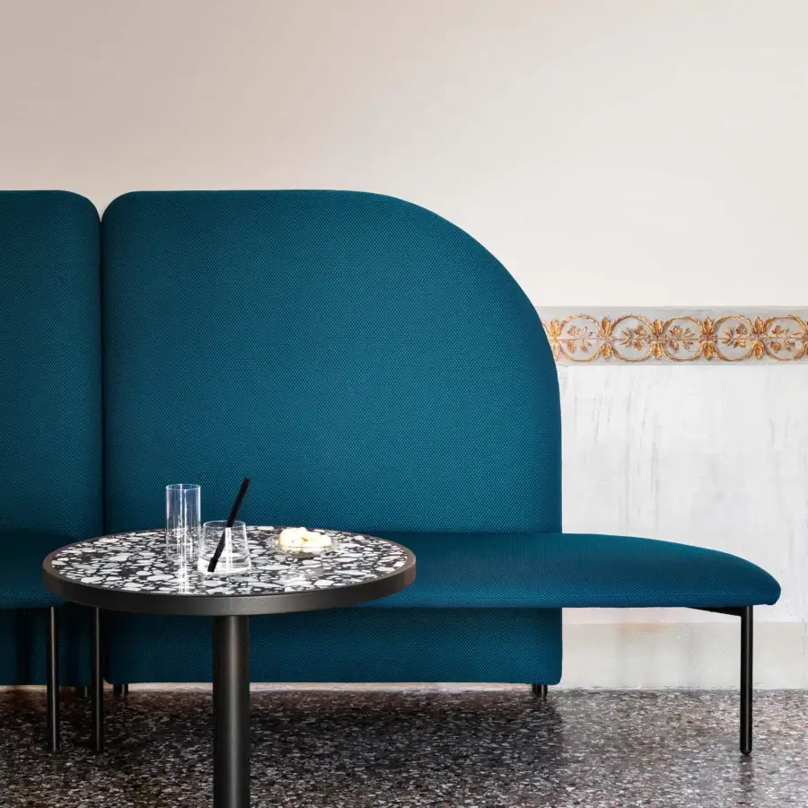 Distinguished Miniforms Marino bench with woven blue textile upholstery and slender black metal legs