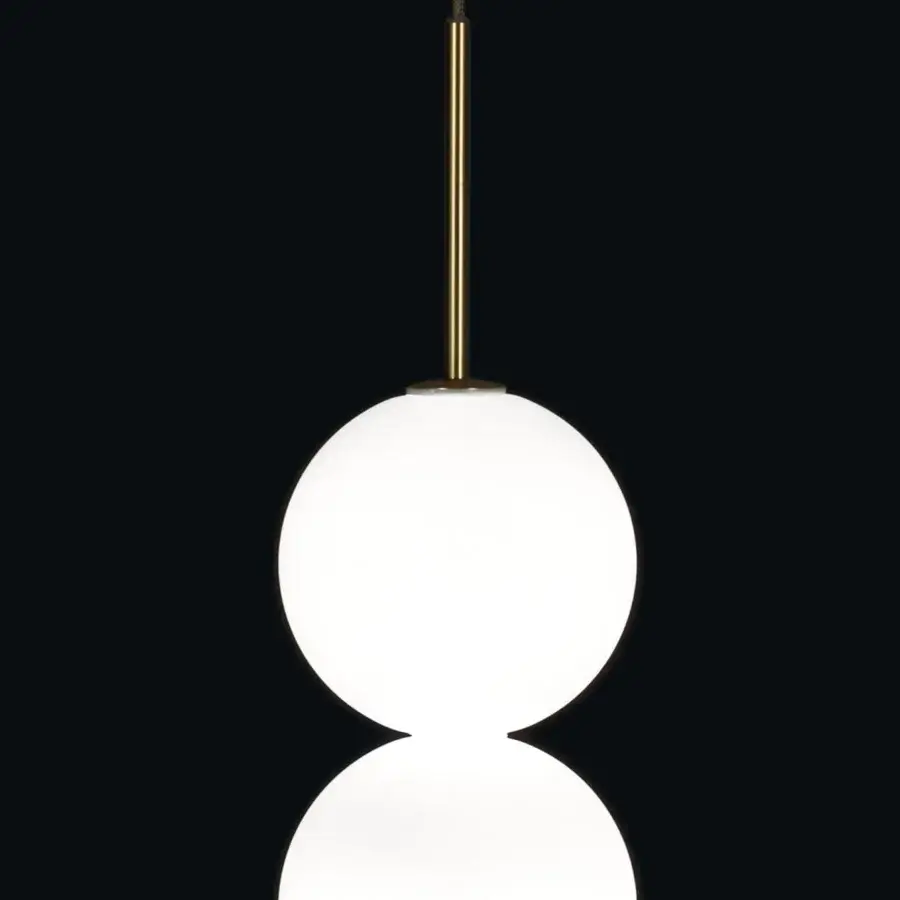 Distinguished Terzani Abacus suspension lamp with stacked bright white spherical diffusers crafted in brass and satin white glass