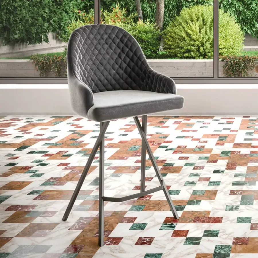 Exceptional Ozzio Italia Febo stool with quilted backrest and plush gray textile upholstery in matte finish