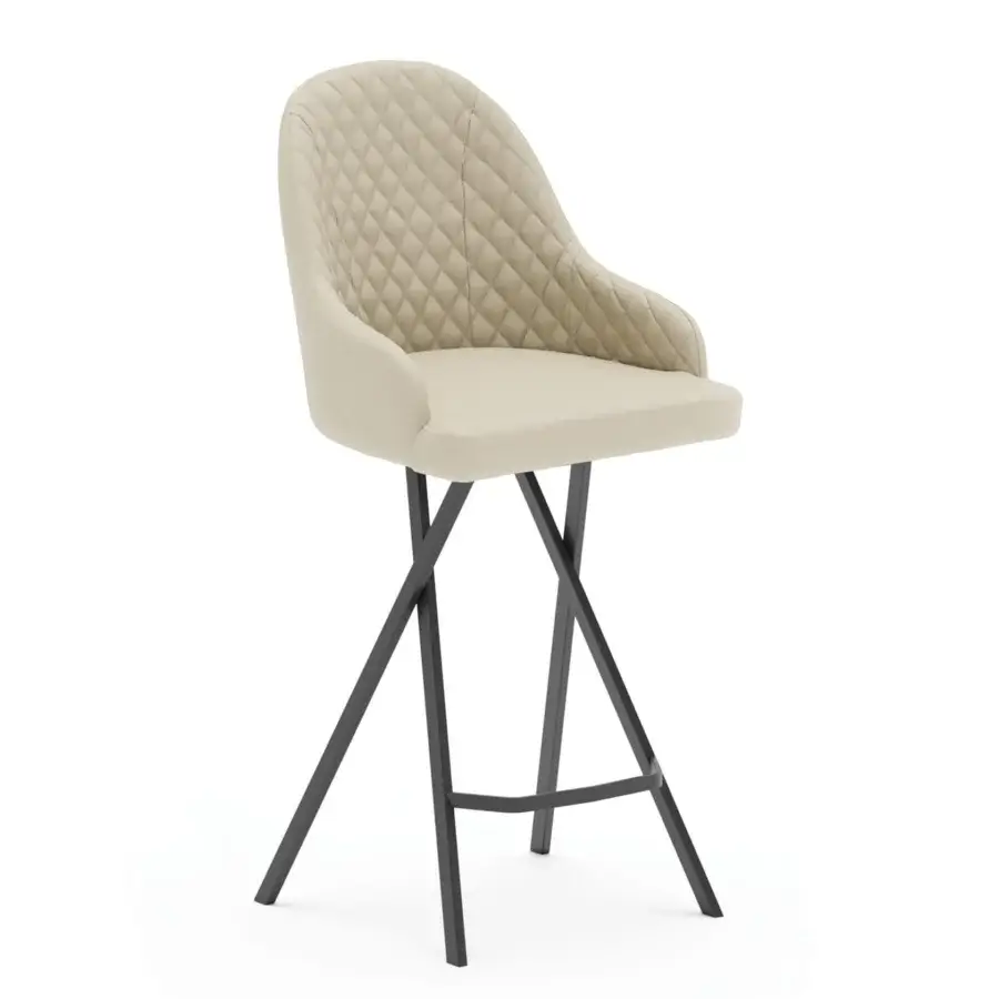 Distinguished Ozzio Italia Febo stool with quilted light beige synthetic material and curved metal armrests built on a black metal base