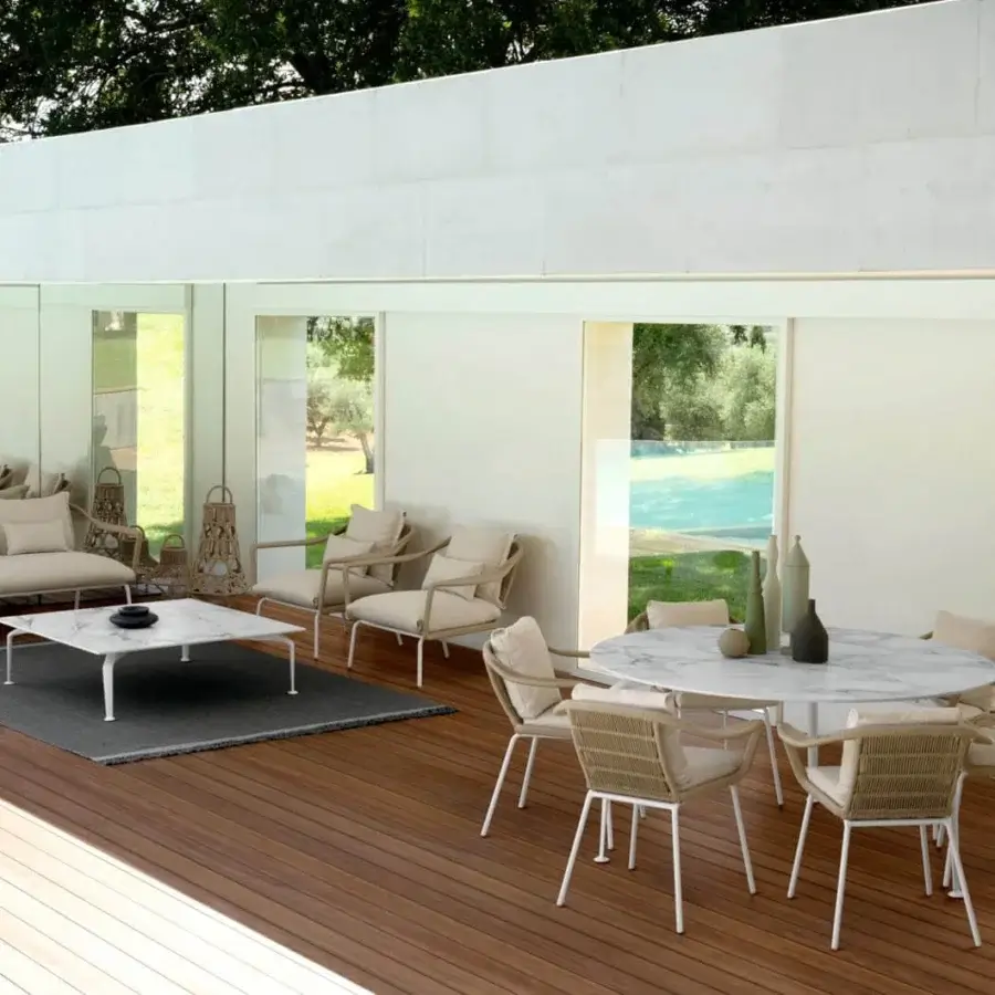 Superior Talenti Cruise coffee table with a square Calacatta porcelain stoneware top and matte white powder-coated aluminum legs