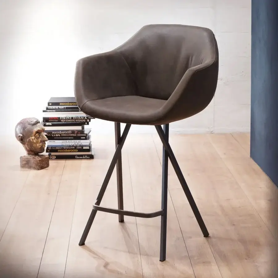 Elegant Ozzio Italia Dumbo stool with muted brown smooth synthetic material and sleek dark metal angled legs