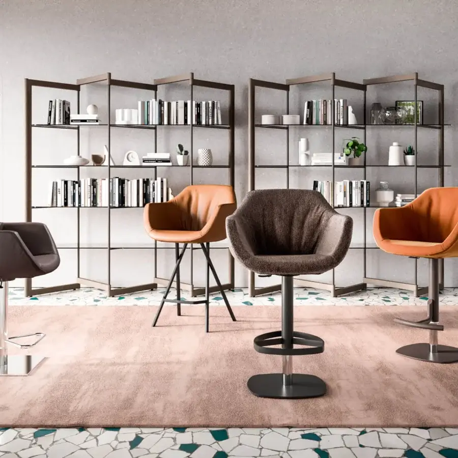 Superior Ozzio Italia Dumbo stool with a heathered brown textile seat and dark matte metal pedestal leg