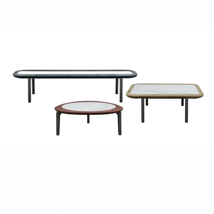 Exceptional Cierre1972 Edge coffee table with tan Leather framing a marble-like top and varnished wooden legs