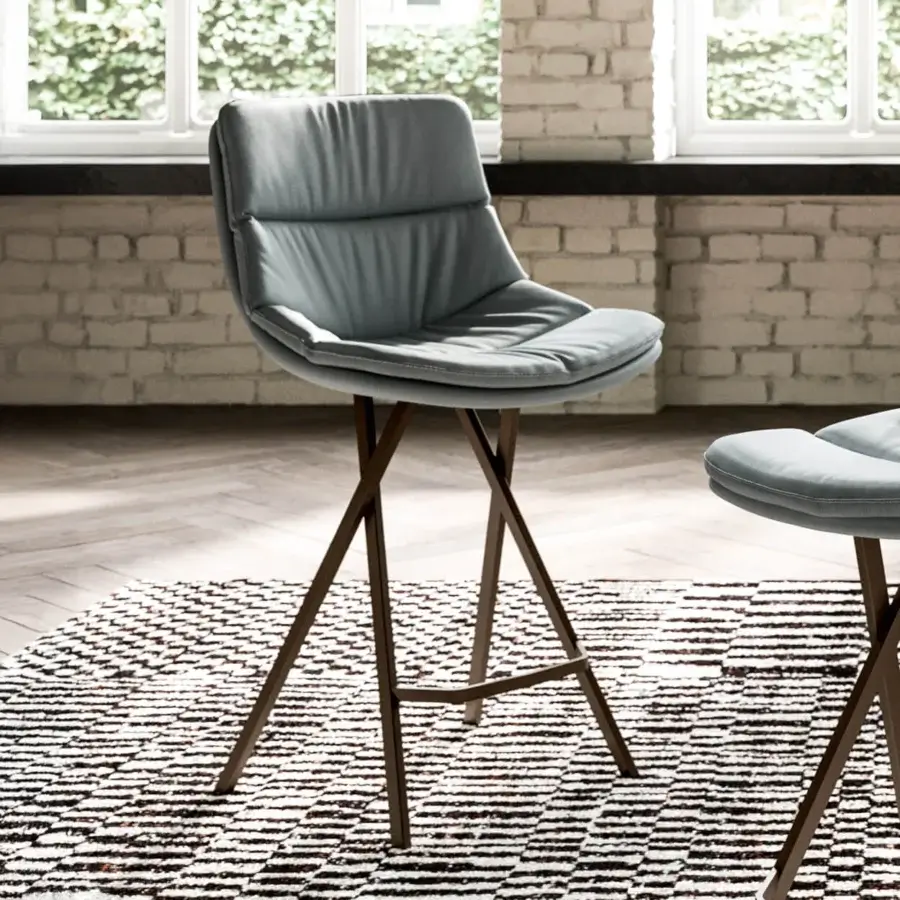 Harmonious Ozzio Italia Roy stool with muted gray-blue textile upholstery and fine tone-on-tone stitching crafted in Italy