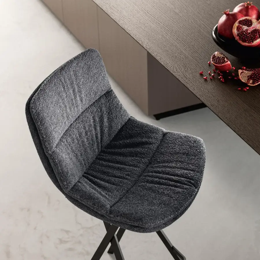 Superior Ozzio Italia Roy stool with plush gray fabric, tone-on-tone stitching and a sleek black metal base
