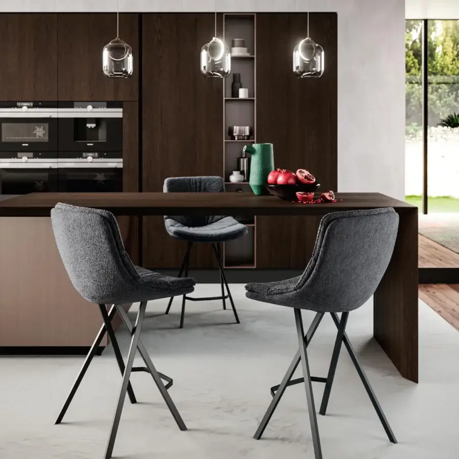 Harmonious Ozzio Italia Roy stool upholstered in textured matte gray textile with crisscrossing matte black metal legs