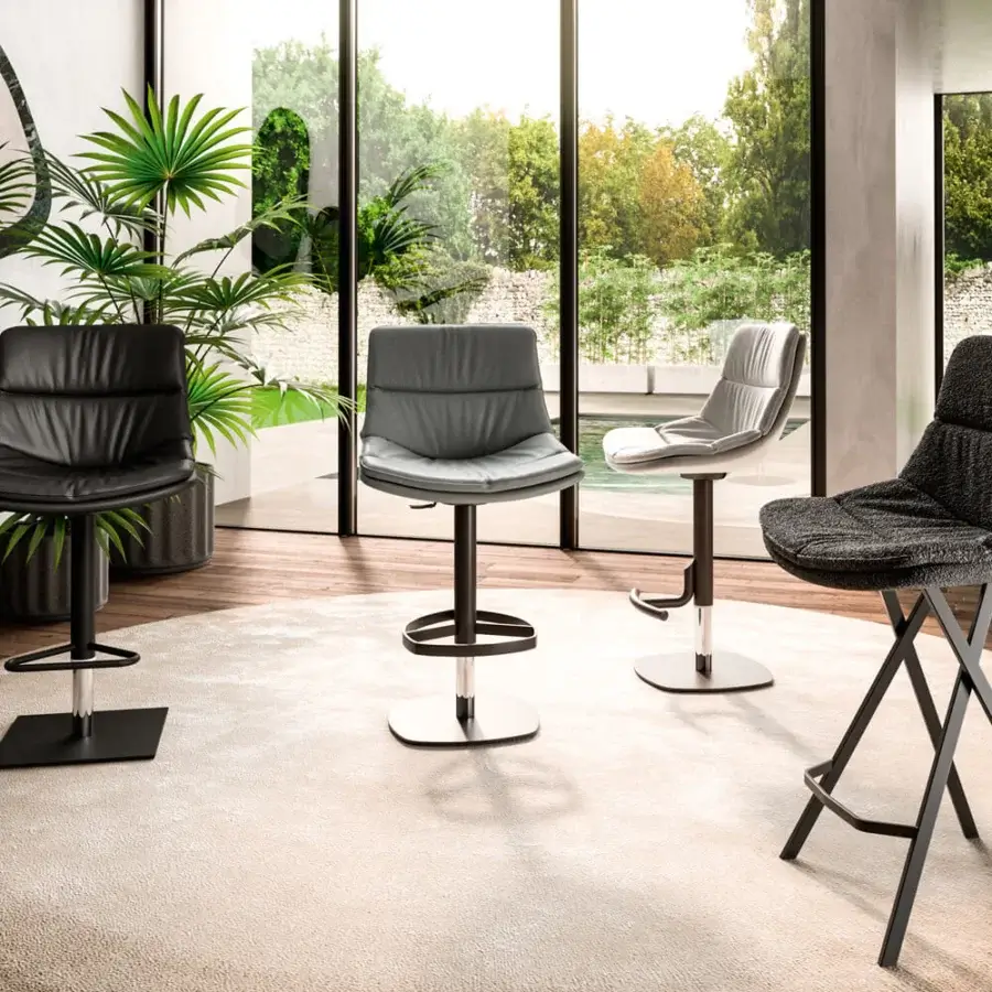 Distinguished Ozzio Italia Roy stool in dark textured fabric with a striking four-legged metal base
