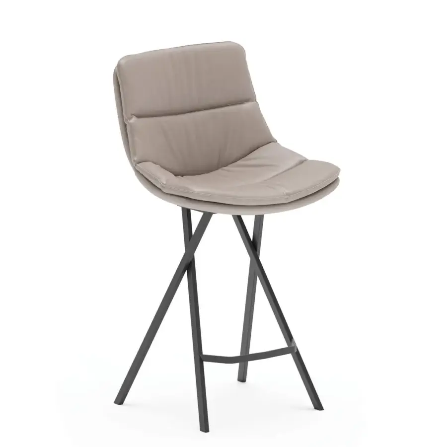 Elegant Ozzio Italia Roy stool in muted taupe or light gray synthetic material with fine tone-on-tone stitching and sleek metal base