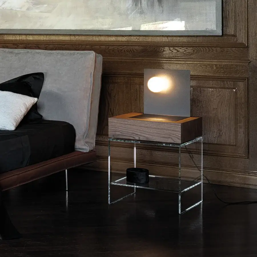 Sophisticated Cierre1972 Light nightstand with a walnut drawer and clear glass frame exhibiting a matte finish