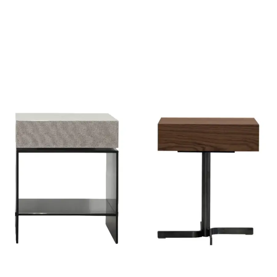 Distinguished Cierre1972 Light nightstand with a dark brown wooden drawer and sleek black metal base crafted in geometric lines