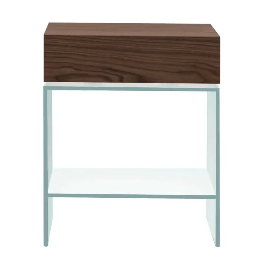 Superior Cierre1972 Light nightstand with a dark brown wood grain drawer and transparent glass structure in a matte finish