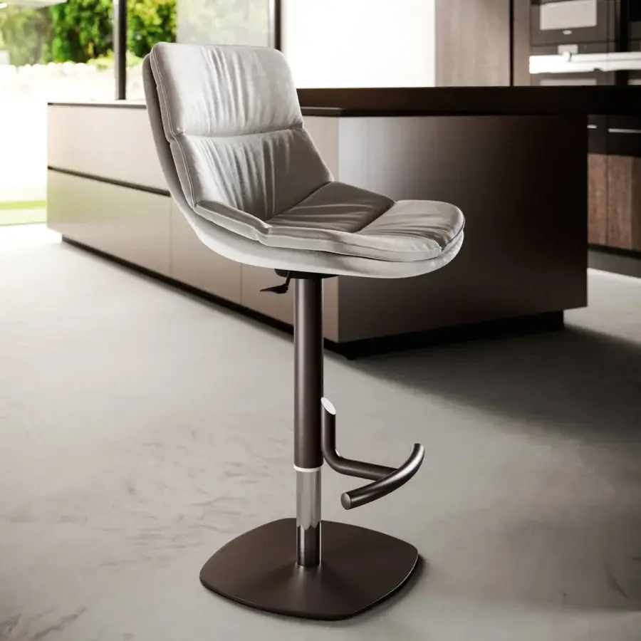 Harmonious Ozzio Italia Coco stool with plush light gray upholstery and dark brown column built with chrome accents