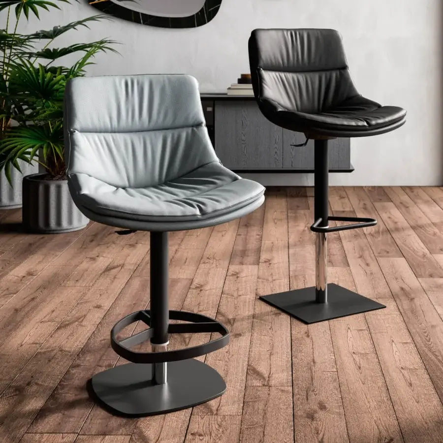 Distinguished Ozzio Italia Coco stool with smooth gray upholstery, tone-on-tone stitching and a sleek black metal base with polished accent