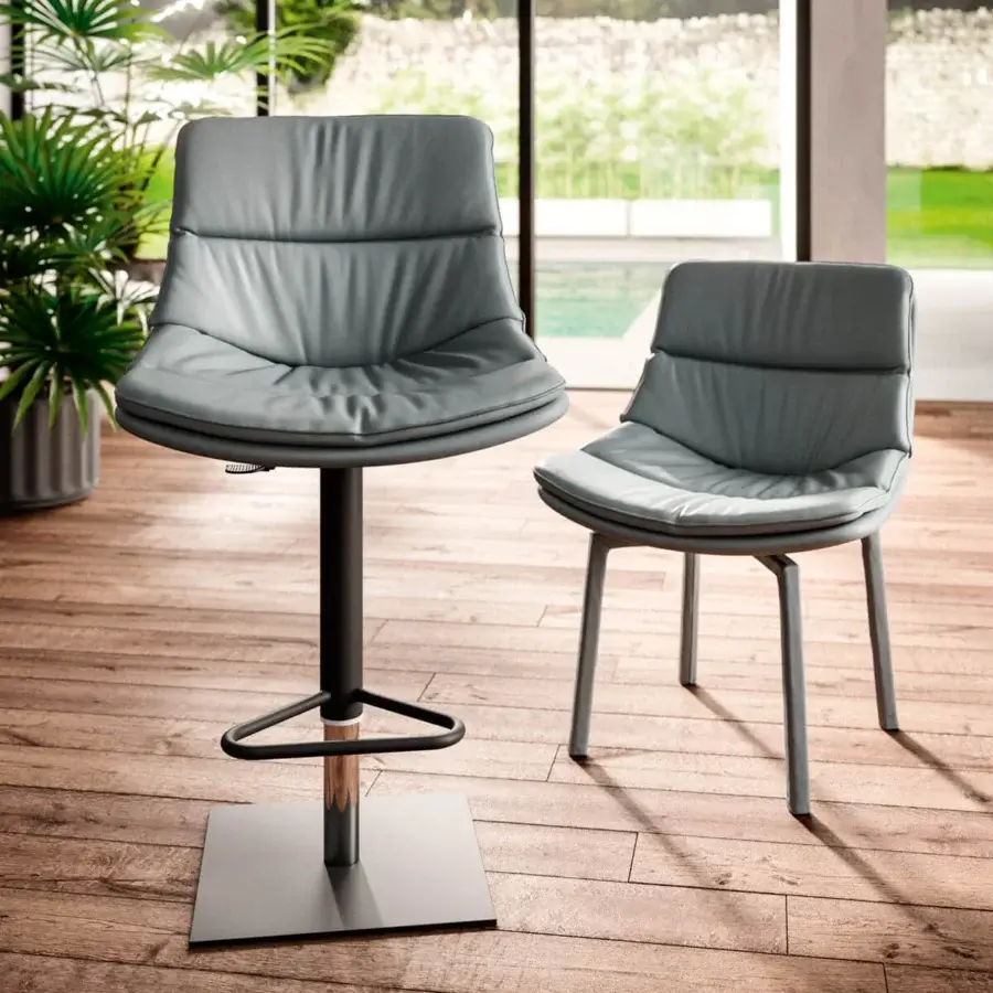 Elegant Ozzio Italia Coco stool with plush gray upholstery, tone-on-tone stitching and sleek black metal construction