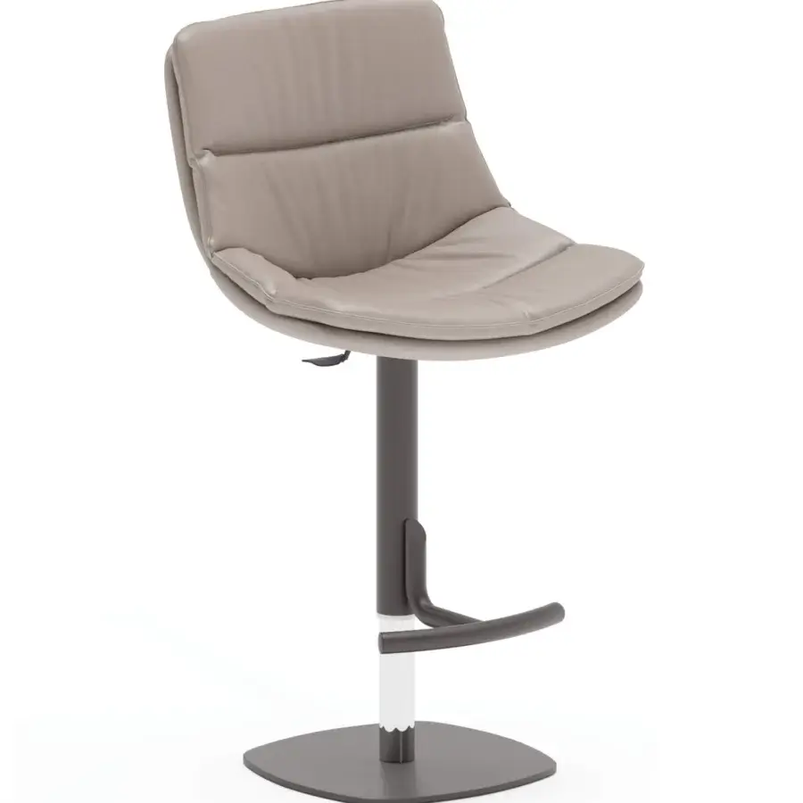 Harmonious Ozzio Italia Coco stool with plush grayish-brown upholstery, tone-on-tone stitching and curved metal footrest with white accent