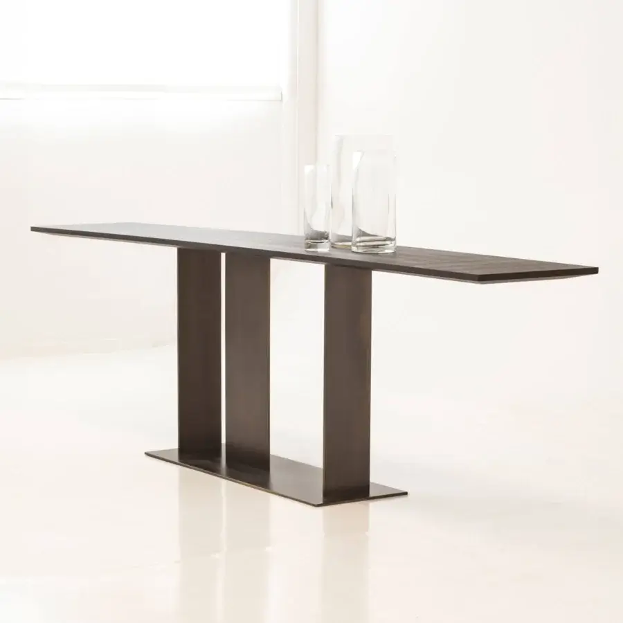 Elegant Casa Casati Berlino console with matt wood top supported by vertical legs and dark brown finish