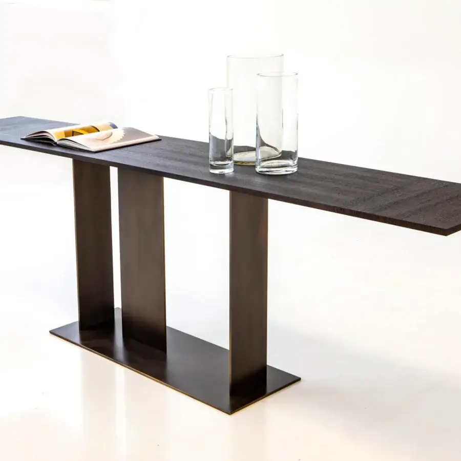 Distinguished Casa Casati Berlino console crafted with dark brown wood exhibiting a matte finish and signature Orange lacquer underside