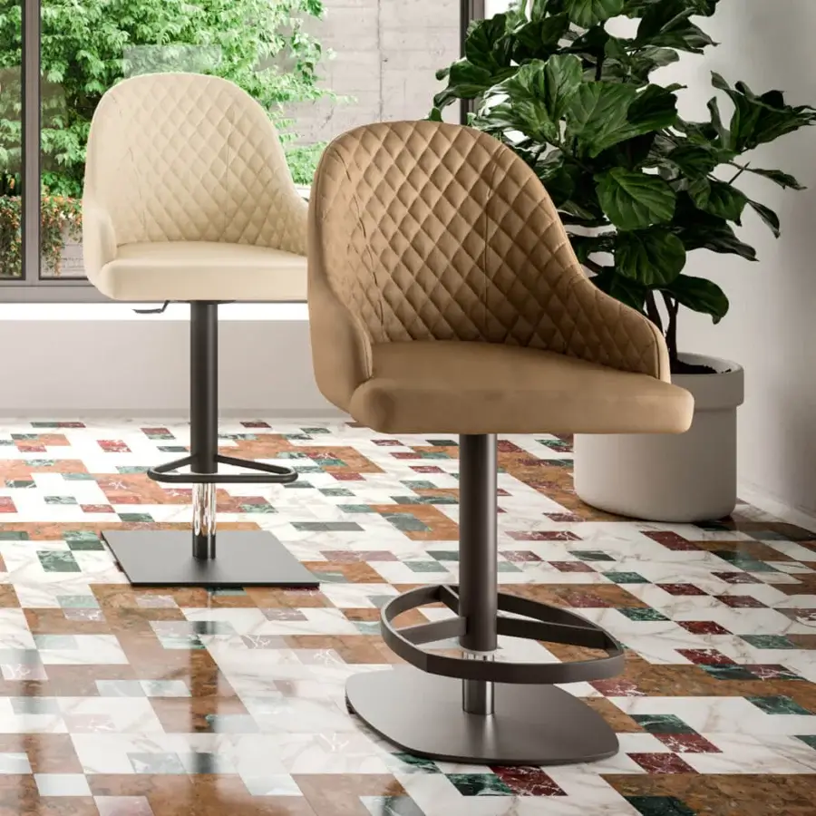 Elegant Ozzio Italia Dylan-Brando-Prometeo stool with quilted light beige textile upholstery and curved padded backrest built with a metal base