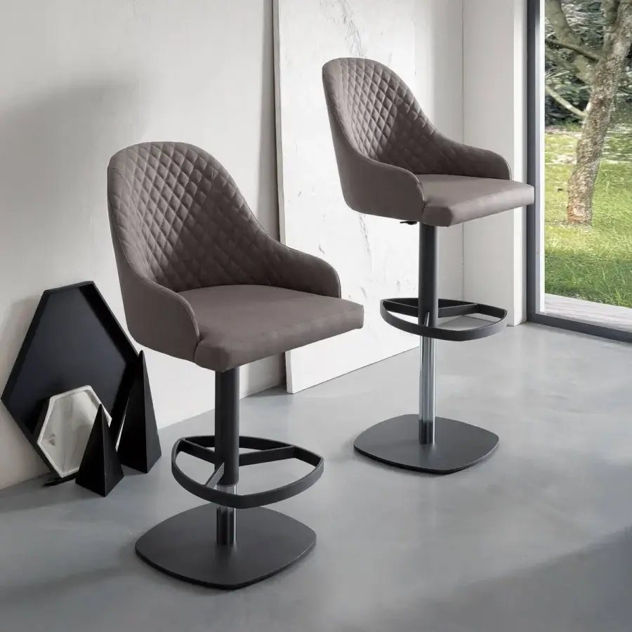 Distinctive Ozzio Italia Dylan-Brando-Prometeo stool with quilted gray-brown upholstery and metal base featuring a swivel gas lift