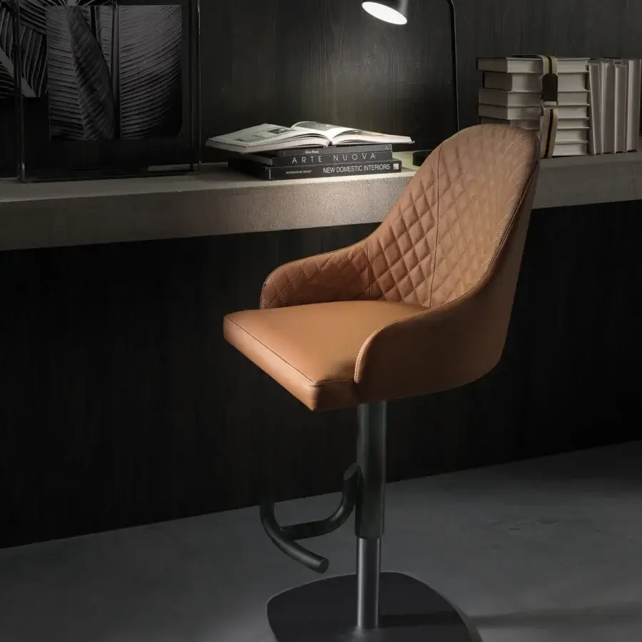 Elegant Ozzio Italia Dylan-Brando-Prometeo stool with tan synthetic upholstery, quilted detailing and metal base