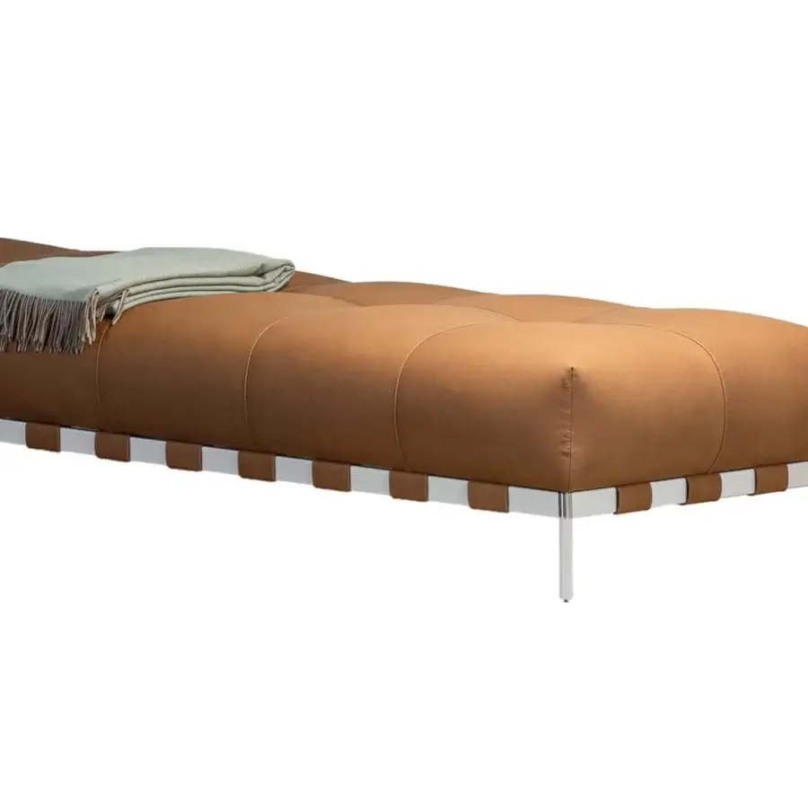 Distinguished Cierre1972 Oscar bench with smooth brown leather upholstery and polished metal straps built in Italy