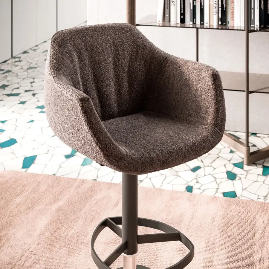 Elegant Ozzio Italia Piquet - Nemo - Boris stool upholstered in textured brown textile with metal base and integrated armrests