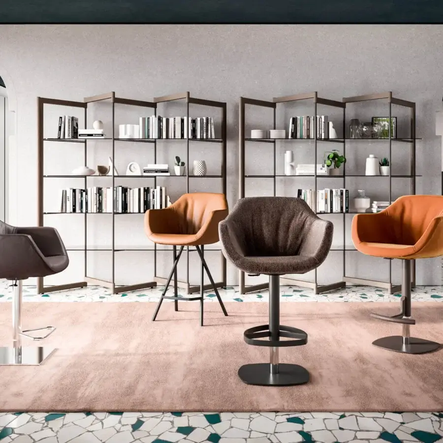 Superior Ozzio Italia Piquet - Nemo - Boris stool with orange upholstery and dark rounded base crafted for relaxation