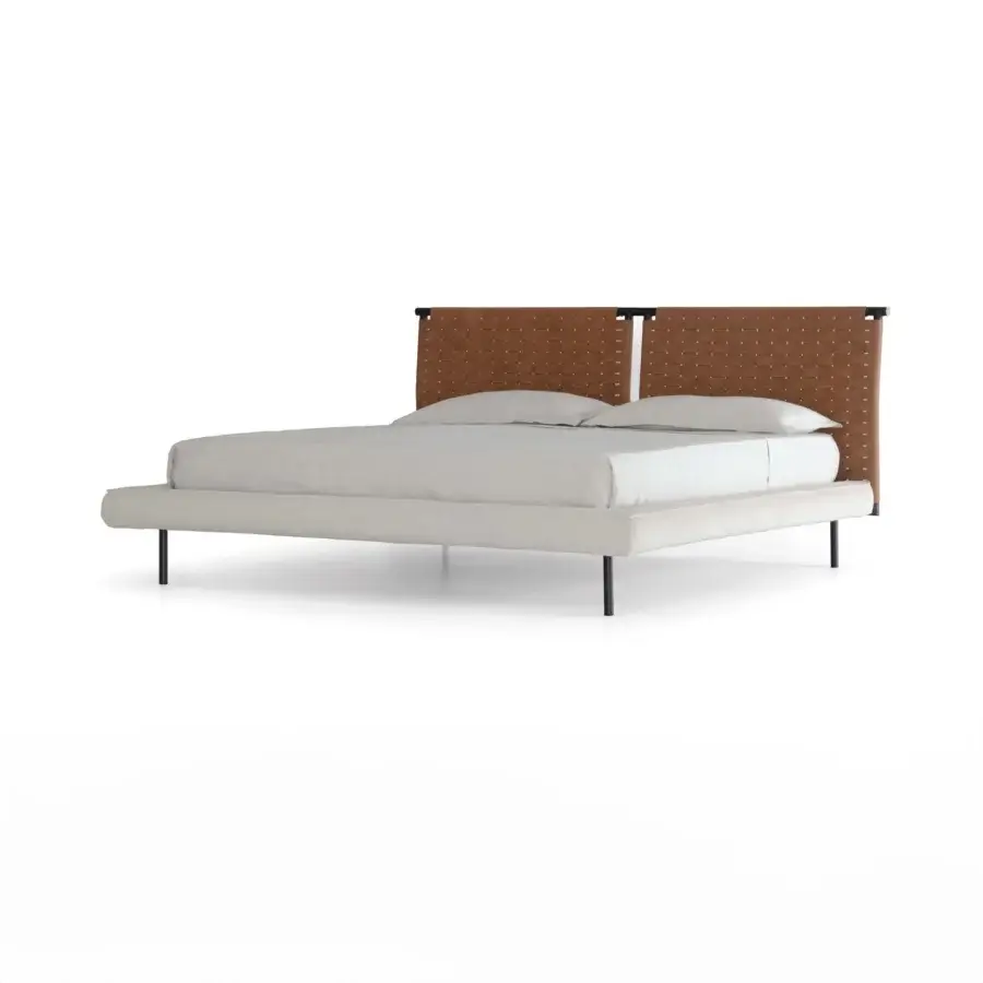 Lavish Cierre1972 Jared bed with handwoven leather headboard and delicate metallic studs in a light textile base