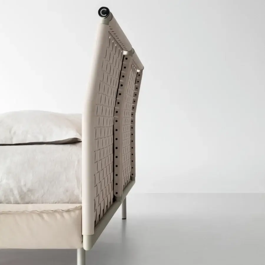 Lavish Cierre1972 Jared bed with handwoven light beige leather headboard and sleek metal legs crafted in Italy